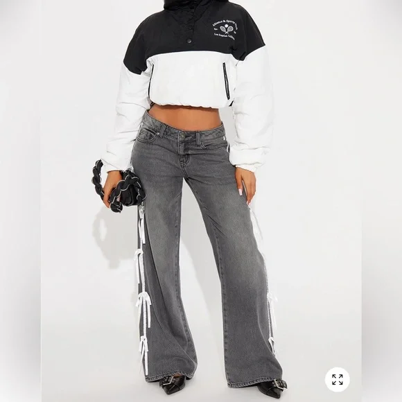 Fashion Nova Gray Flare Jeans with White Ties - Picture 2 of 4